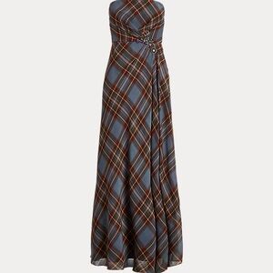Lauren by Ralph Lauren Plaid Crinkle Georgette Strapless Gown